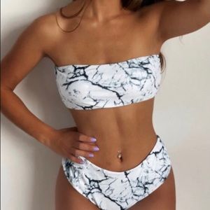 Marble Print High Waist Bandeau Bikini Set